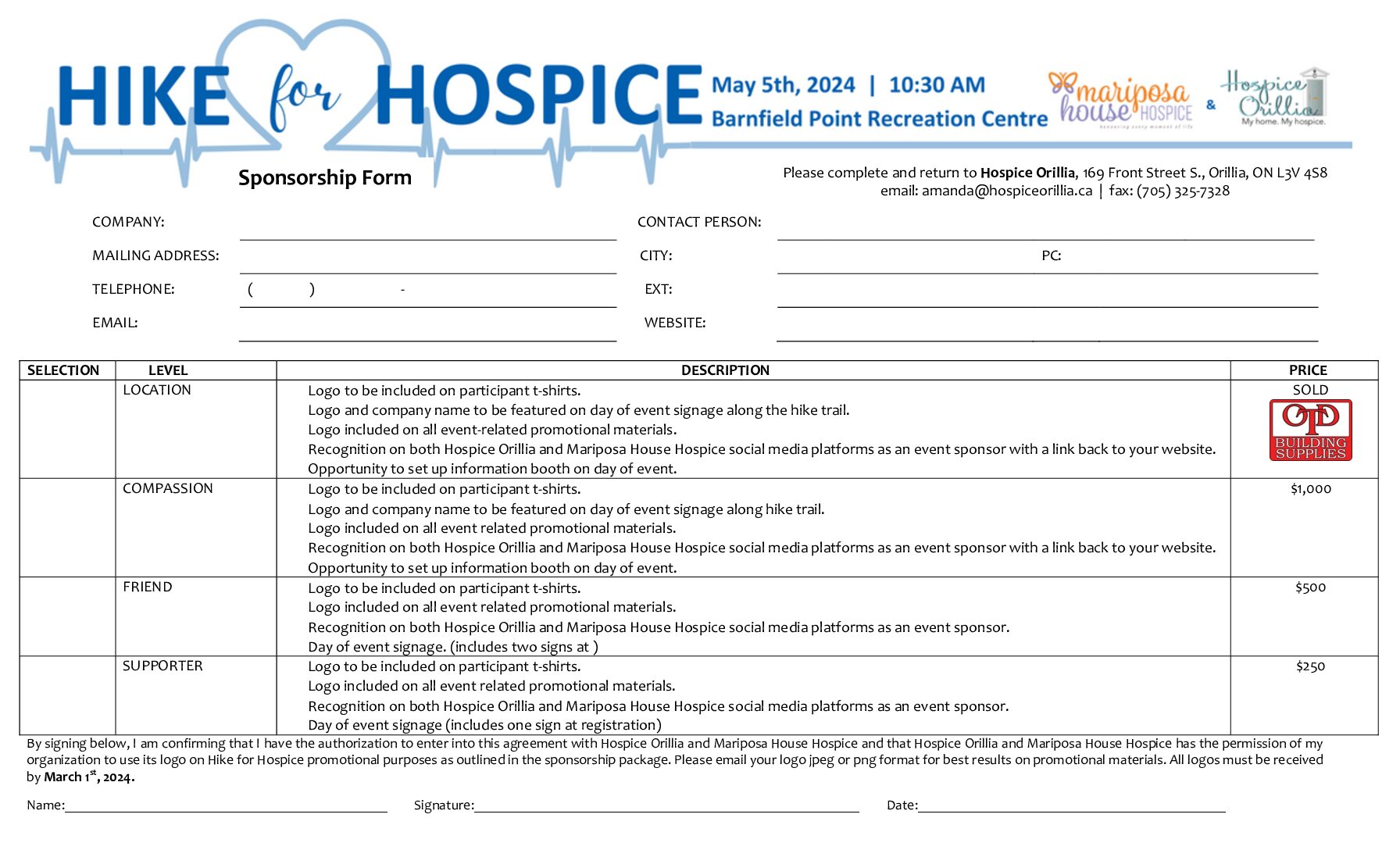 H4H 2024 Sponsorship Form Hospice Orillia