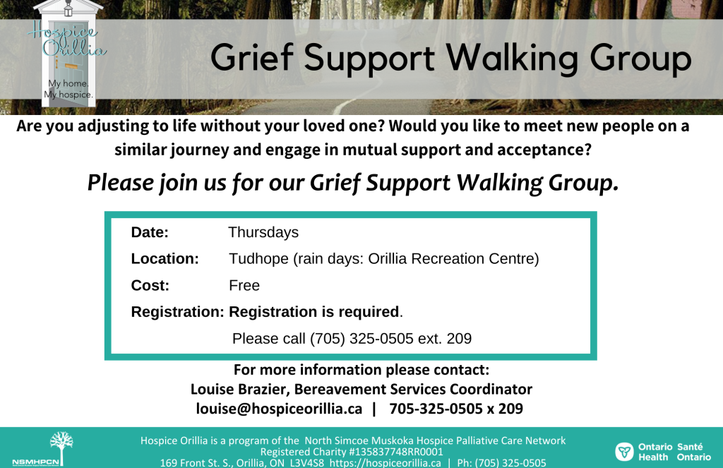 Are you adjusting to life without your loved one? Would you like to meet new people on a similar journey and engage in mutual support and acceptance? Please email louise@hospiceorillia.ca for more information.